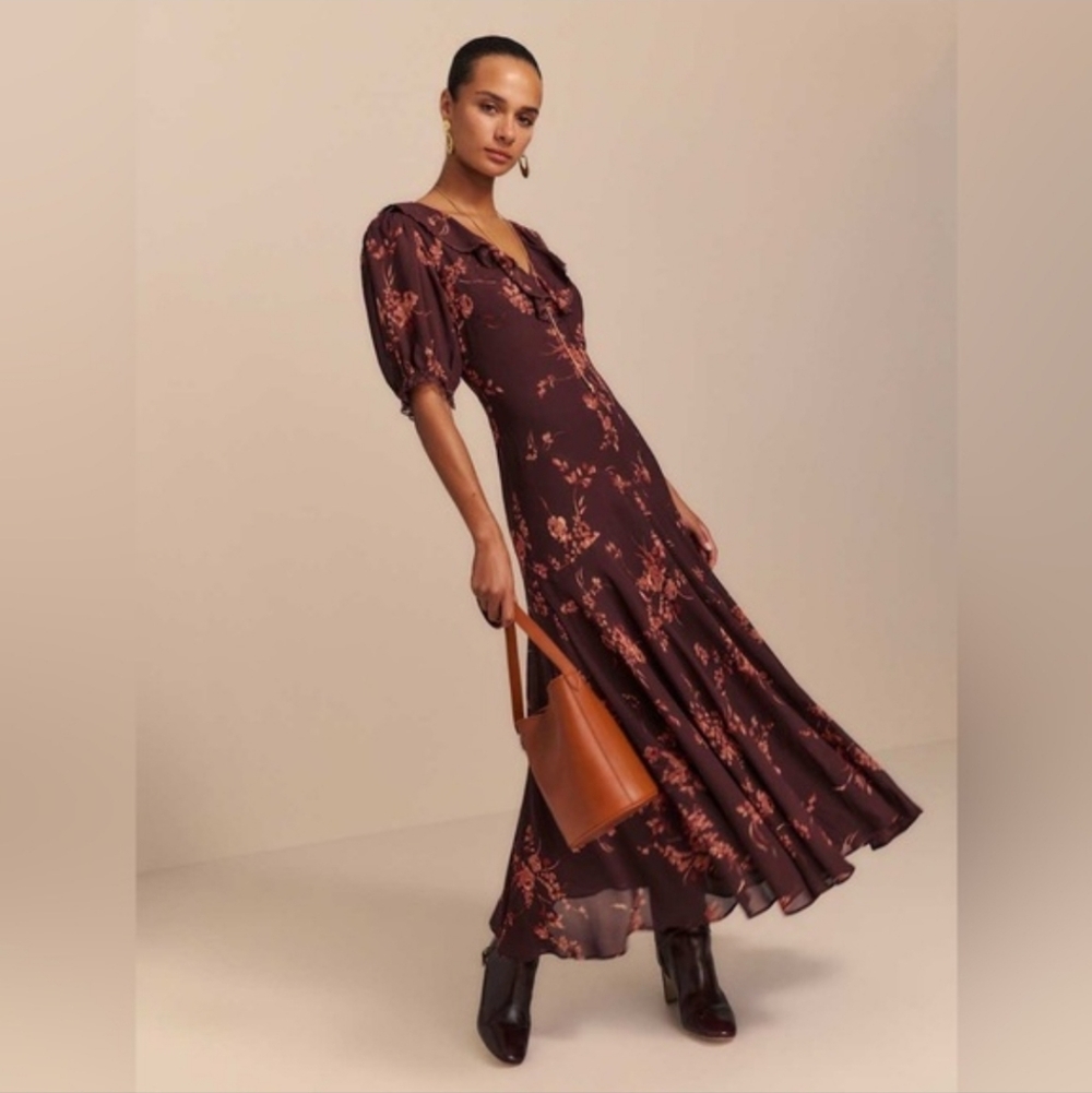 Reformation Evra Lace Trim Georgette Midi Dress In Brown Floral Combo 2 NWT